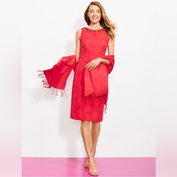 Talbots RSVP Coral Red Pineapple Jeweled Matelasse Sleeveless Sheath Dress- 2P - Picture 3 of 10